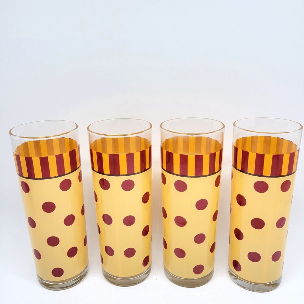 Southern Living Set 4 Siena 6 3/4" Highball Glasses Yellow With Red Polka Dots